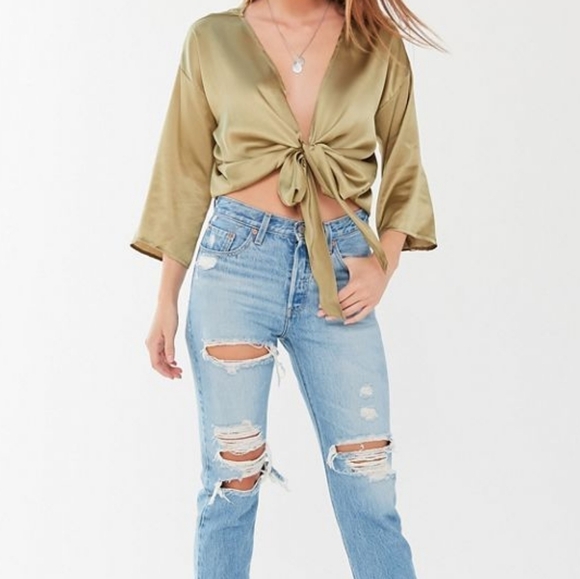 Urban Outfitters Nicole Olive Satin Tie-Front Crop Top - Picture 2 of 10